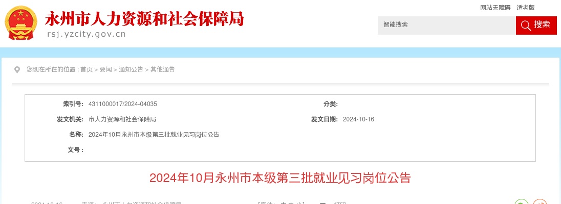 2024年10月湖南永州市本级第一批就业见习岗位公告（12人） 图片